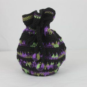 Crochet Black Purple Neon Green Drawstring Pouch